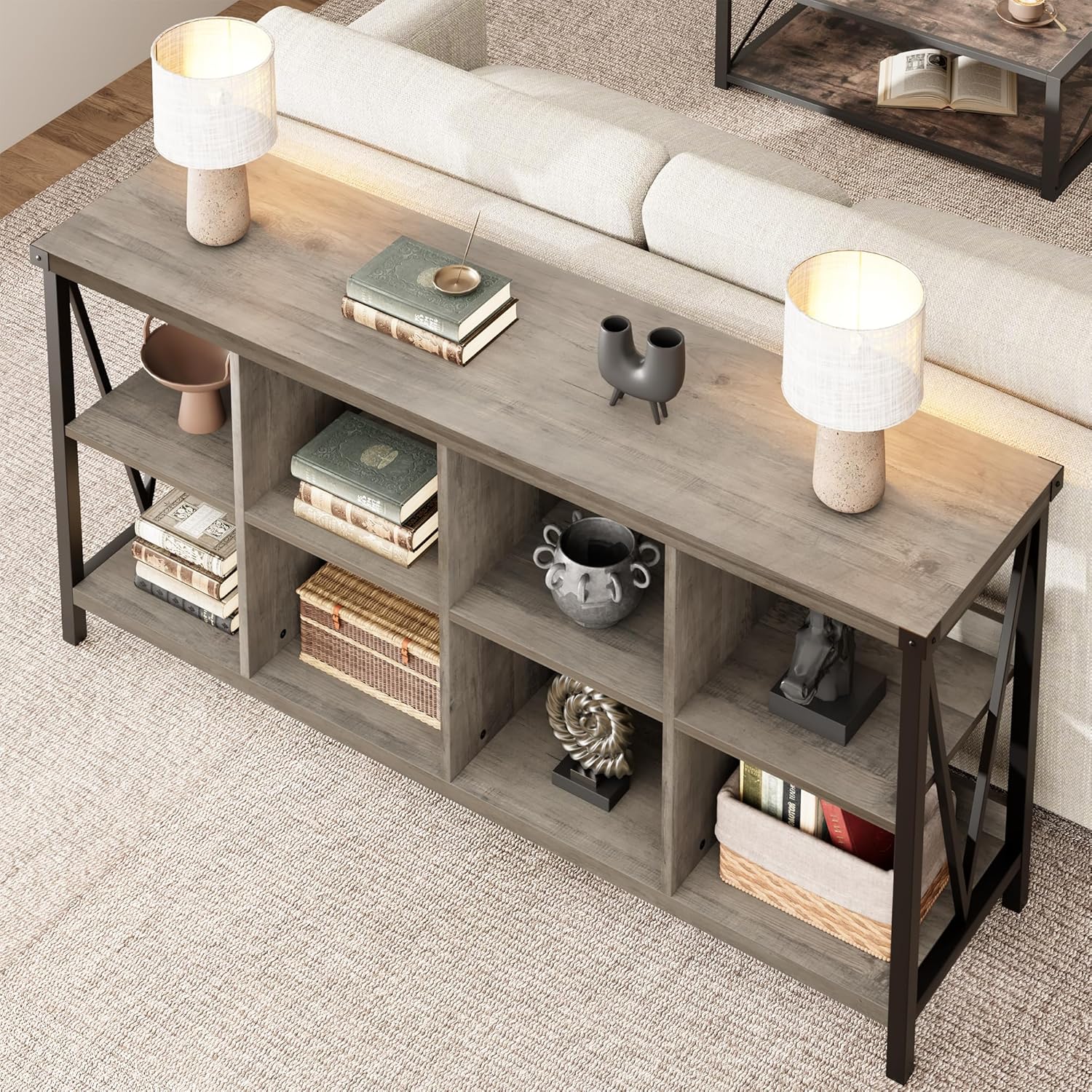 Garvee Console Table, Rustic 3 Tier Sofa Table Behind Couch, Industrial Metal Entryway Table with Storage Shelf, Farmhouse Wooden Foyer Hallway Table for Entry Living Room,Grey.