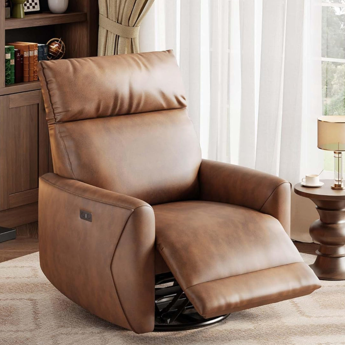 Garvee Power Recliner Chair Swivel Glider, Premium PU Leather Upholstered Nursery Rocker Reclining Sofa Chair with Charging Port, Curved Armrests & Padded Backrest for Living Room, Bedroom, Brown