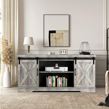 Garvee 59 inch Farmhouse TV Stand, Cabinet with Barn Doors, Wood Media Console for Living Bedroom, 250 lbs Capacity, Grey