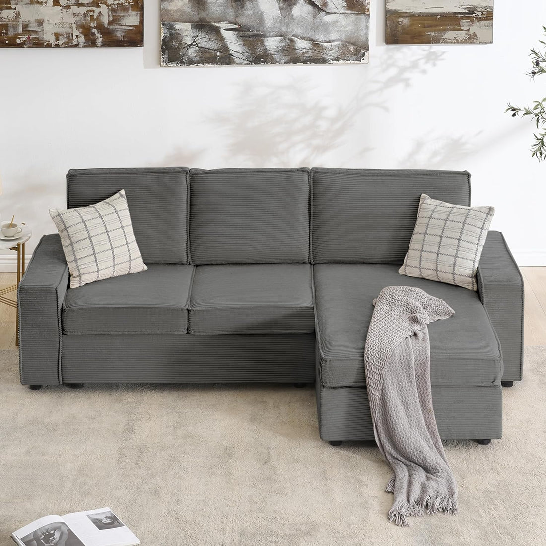 Garvee 95" Modern Kids L-Shaped Modular Sectional Sofa Deep Seated Comfy Cloud Couch with Chaise, Gray