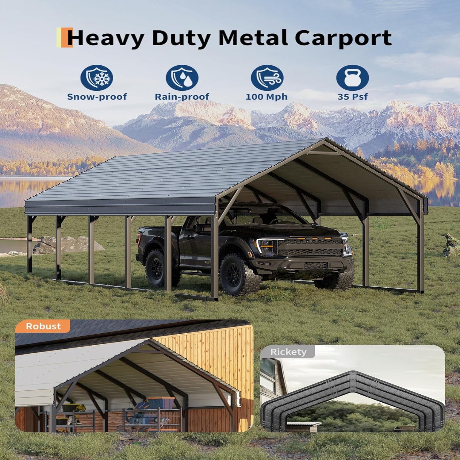 Garvee 12x25 FT Metal Carport Oversized Reinforced Frame Steel Roof Rust-Resistant Triple Coated All-Weather Shelter for Trucks Boats Tractors