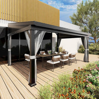 Garvee 10'x14' Wall-Mounted Lean-To Gazebo with Galvanized Steel Roof, Gutters, Sliding Netting & Curtains, Rust-Resistant Frame, UV Protection, Patio & Garden