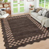 Garvee Bordered Brown 9x12 Scalloped Washable Area Rug for Living Room Modern Border Large Bedroom Throw Carpet with Rubber Backing Stain Resistant Boho Rug for Dining Room Home Decor Office - Brown