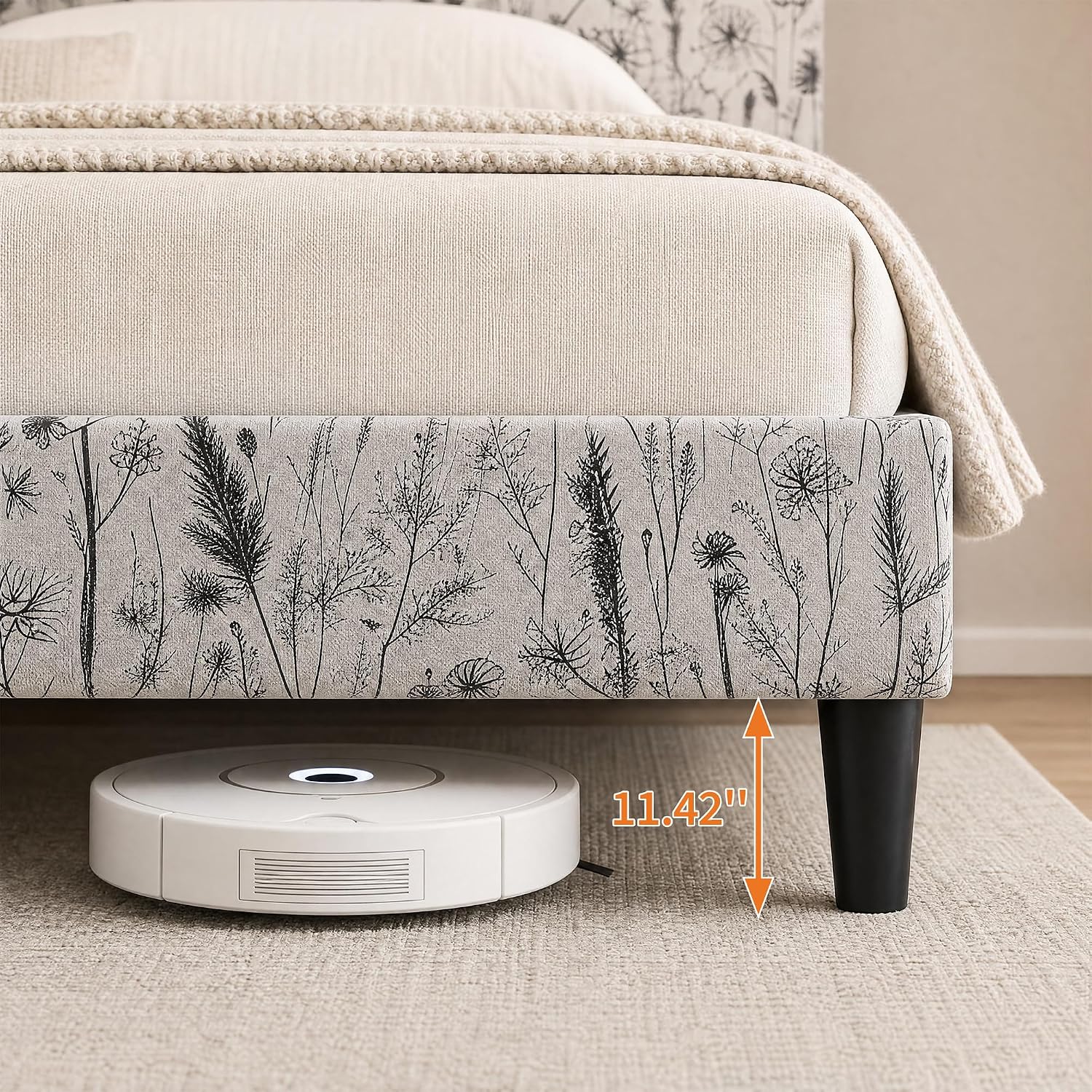 Garvee Botanical Print Upholstered Platform Queen Szie Bed Frame with Adjustable Headboard - Wood Slat Support, Noise-Free, No Box Spring Needed, Easy Assembly