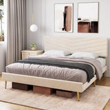 Garvee Queen Size Bed Frame, Velvet Upholstered Platform Bed Frame, Wood Slat Support Bed Frame with Adjustable Height Headboard, No Box Spring Needed, Easy to Assemble, Noise Free, Beige - Beige