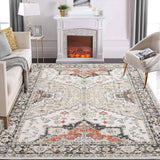 Garvee Living Room Rug 5x7 Washable Vintage Oriental Floral Print Non Slip Soft Polyester Low Pile for Bedroom Dining - Yellow Red