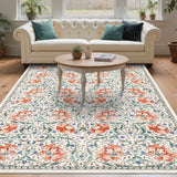 Garvee 5x7 Floral Area Rug Washable Non Slip Soft Low Pile Accent Rug for Living Room Bedroom, Retro Boho Print, Distressed Indoor Carpet - Beige Multi