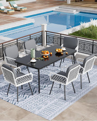 Garvee Outdoor Dining Set, 59" Black Metal Table with Tempered Glass Top & 6 Wicker Chairs, Patio Table and Chairs Set with Gray Cushions for Garden, Poolside