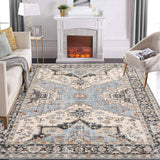 Garvee Area Rugs 8x10 Washable Non-Slip Low Pile Soft Oriental Printed Distressed Vintage Floral Polyester - Living Room, Bedroom, Dining, Office - Beige Blue