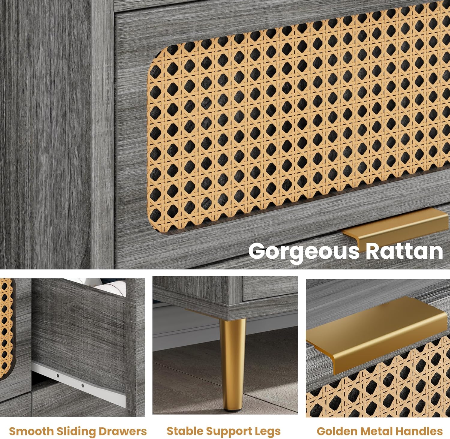 Garvee 6 Drawer Rattan Dresser, Narrow Wicker Chest of Drawer with Railed Edge, Metal Legs, Gold Handles, Farmhouse Wooden Storage Dresser for Bedroom, Living Room, Walnut