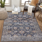 Garvee Area Rug 6x9 Washable Rug Vintage Rug Non Slip Backing Oriental Carpet Retro Indoor Distressed Throw Carpet Ultra-Thin Floral Print Floor Cover Foldable Rug for Living Room Bedroom Blue - Dark Blue