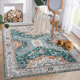 Garvee Washable Area Rug 10x13 Large Washable Rug Vintage Floral Area Rug Non-Slip Rug Non-Shedding Stain Resistant, Washable Floral Large Carpet for Dining Room Nursery Home Office Indoor Decor - Green Blue