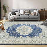 Garvee Vintage Area Rugs, Boho Traditional Washable Rug Floral Print Carpet, Low Pile Non-Slip Rubber Backing Foldable Mat for Bedroom Dining Room Office Living Room, Blue, 5x7 - Blue