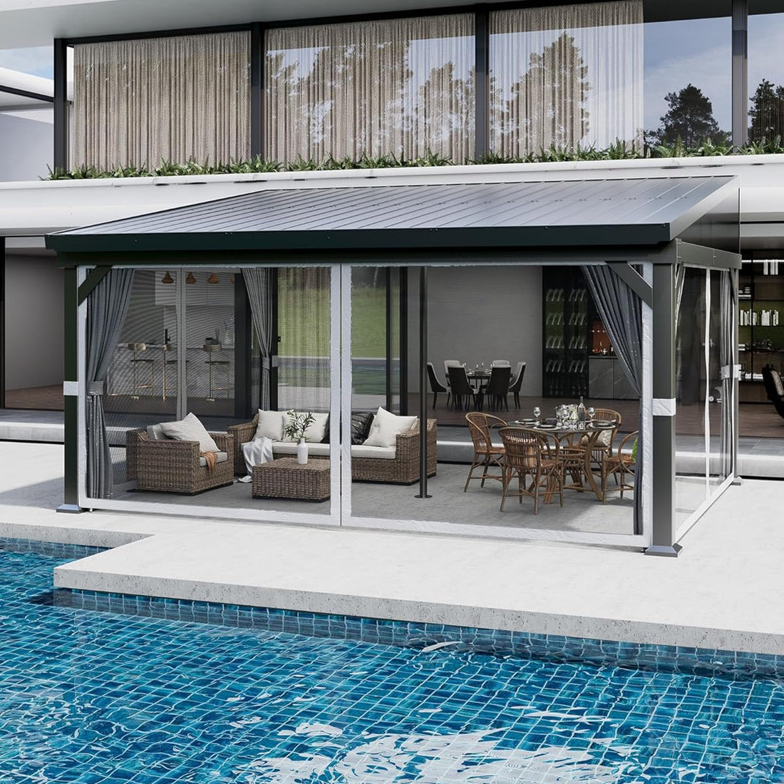 Garvee 10'x14' Wall-Mounted Lean-To Gazebo with Galvanized Steel Roof, Gutters, Sliding Netting & Curtains, Rust-Resistant Frame, UV Protection, Patio & Garden