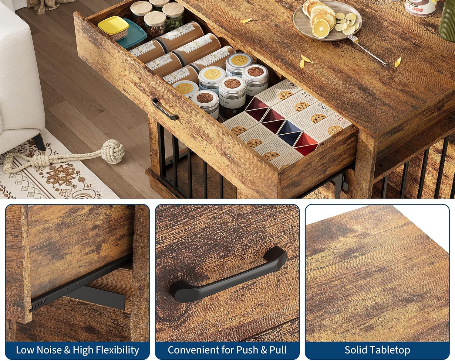 Garvee 37.8"W Dog Crate Furniture for Small/Medium Dogs, 2-in-1 Iron-Wood Fusion Dog Cage Indoor As Side End Table, Farmhouse Dogs Kennel with Sliding Barn Doors & Storage Drawer, Brown