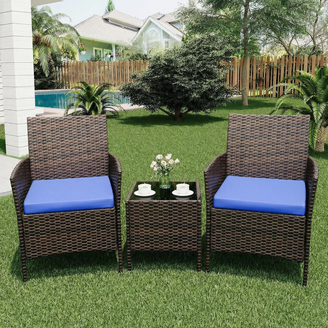Garvee Patio Porch Furniture Sets 3 Pieces PE Rattan Wicker Chairs with Table Outdoor Garden Furniture Sets