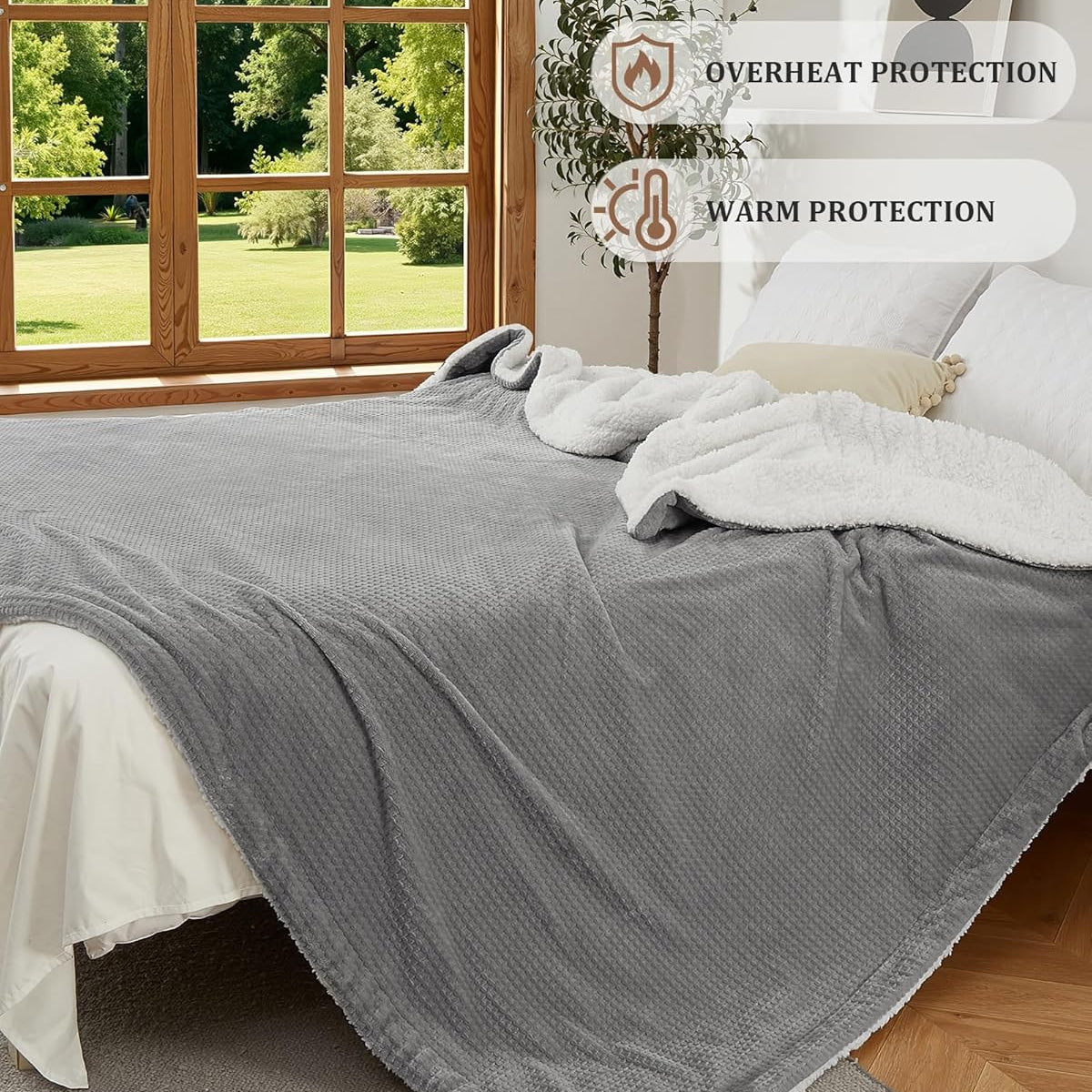 Garvee Heated Blanket Queen Size with Dual Control, Waffle Electric Blankets with ETL Certified, Soft Flannel Heating Blanket, 4 Heating Levels, 10 Hours Auto Off, Grey, 84"x90"