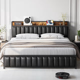 Garvee Queen Bed Frame with Storage Headboard, Upholstered Platform Bed with USB Ports & Outlets, Black Queen Bed Frame with Strong Metal Slats Support, No Box Spring Needed - Blck