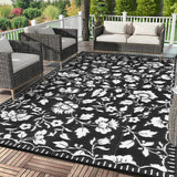 Garvee 8x10 Outdoor Patio Rug, Waterproof Floral Plastic Straw Rug, UV Resistant Reversible Camping Mat with Carry Bag for Deck, Backyard, RV & Balcony, Black - Black & White