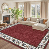 Garvee Washable Living Room Rugs 5x7 Vintage Floral Print Red Non Slip Low Pile Carpet for Bedroom Dining Room Home Office - Red