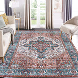 Garvee Washable Rug 8x10 Large Area Rug Indoor Soft Medallion Rug Vintage Floral Throw Carpet Non-Slip Low Pile Accent Rug Traditional Non-Shedding Boho Rugs Living Room Bedroom Home Office - Orange & Blue