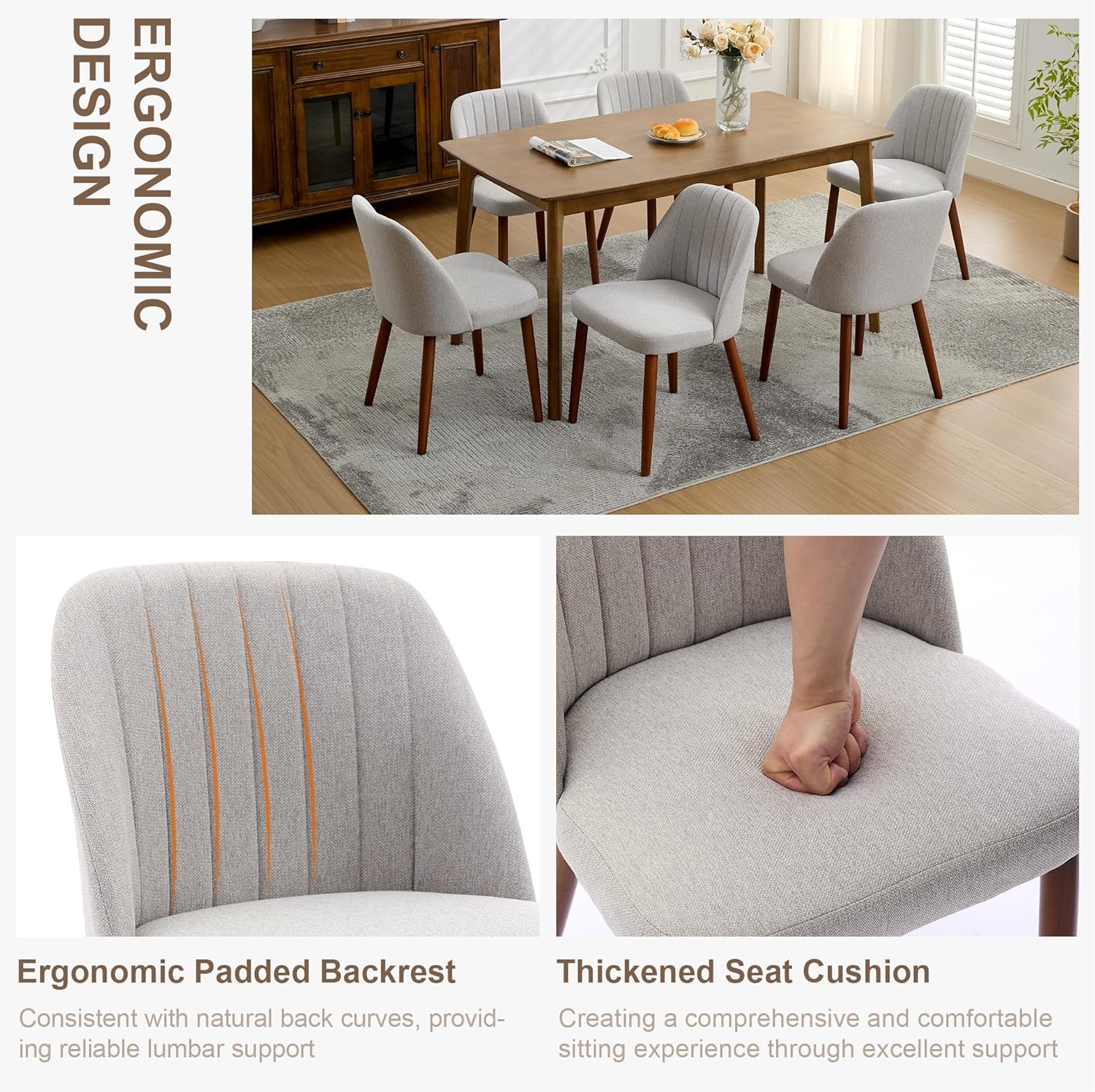 Garvee Set of 8 Mid-Century Modern Fabric Upholstered Dining Chairs with Padded and Solid Wood Legs, Grey