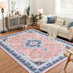 5x7 Washable Area Rug - Vintage Low Pile Non-Slip Stain Resistant Carpet For Living Room