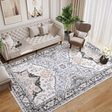 Garvee Washable Area Rug 10x13 Large Washable Rug Vintage Floral Area Rug Non-Slip Rug Non-Shedding Stain Resistant Rugs Washable Floral Large Carpet for Dining Room Nursery Home Office Decor - Gray Blue