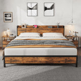 Garvee King Size Bed Frame with Storage Headboard, Industrial King Bed Platform with Charging Station and USB Ports, No Box Spring Needed Easy Assemble Mattress Foundation - Retro Brown
