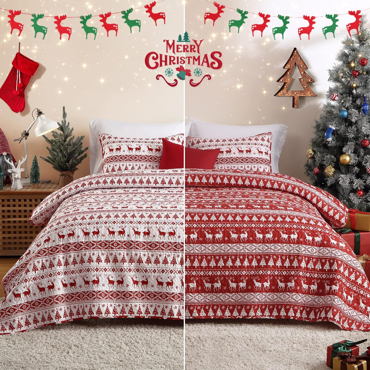 Garvee Christmas Quilt Set King Size - Boho Reversible Bedspread Coverlet Set with Christmas Tree Reindeer Snowflakes Printed Pattern, Soft Lightweight Bohemian Quilt Bedding Cover Set King