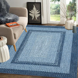 Garvee Bordered Grey Blue 8x10 Boho Washable Rug, Modern Braided, Non-Slip, Low Pile, Polyester, Non-Shedding, Blue, Ideal for Living Room, Bedroom, Office - Gray Blue