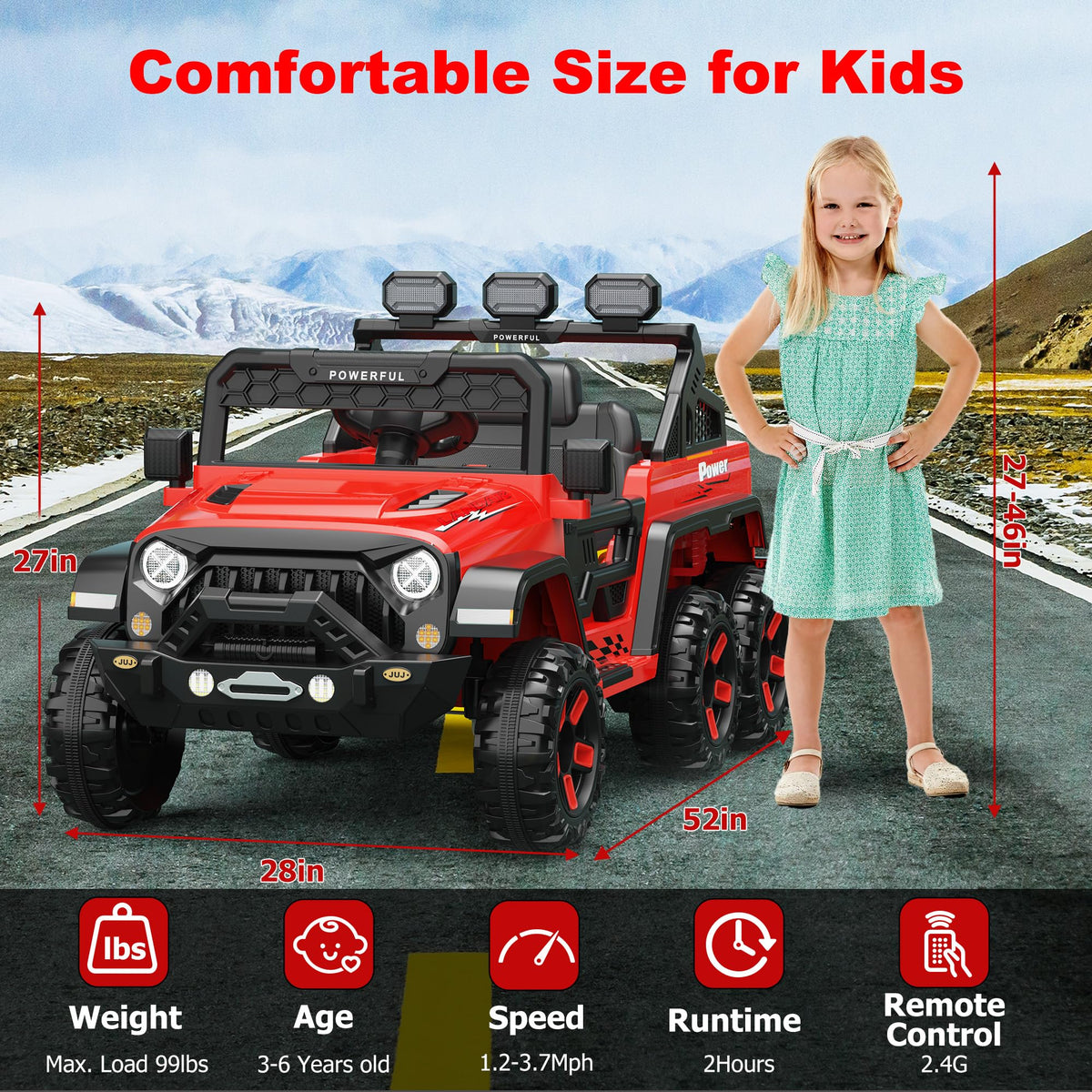 GARVEE Red 24V 4WD kids electric ride-on car with 6 EVA wheels