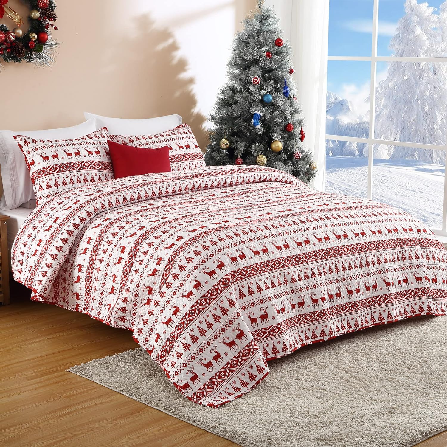 Garvee Christmas Quilt Set King Size - Boho Reversible Bedspread Coverlet Set with Christmas Tree Reindeer Snowflakes Printed Pattern, Soft Lightweight Bohemian Quilt Bedding Cover Set King