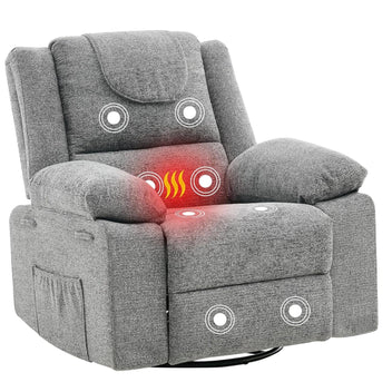 Garvee Swivel Rocker Recliner Chair for Adults with Massage and Heat, Oversized Linen Fabric Glider Nursery Chair with Deep Seat, High Backrest, Upholstered Single Sofa for Living Room, Gray