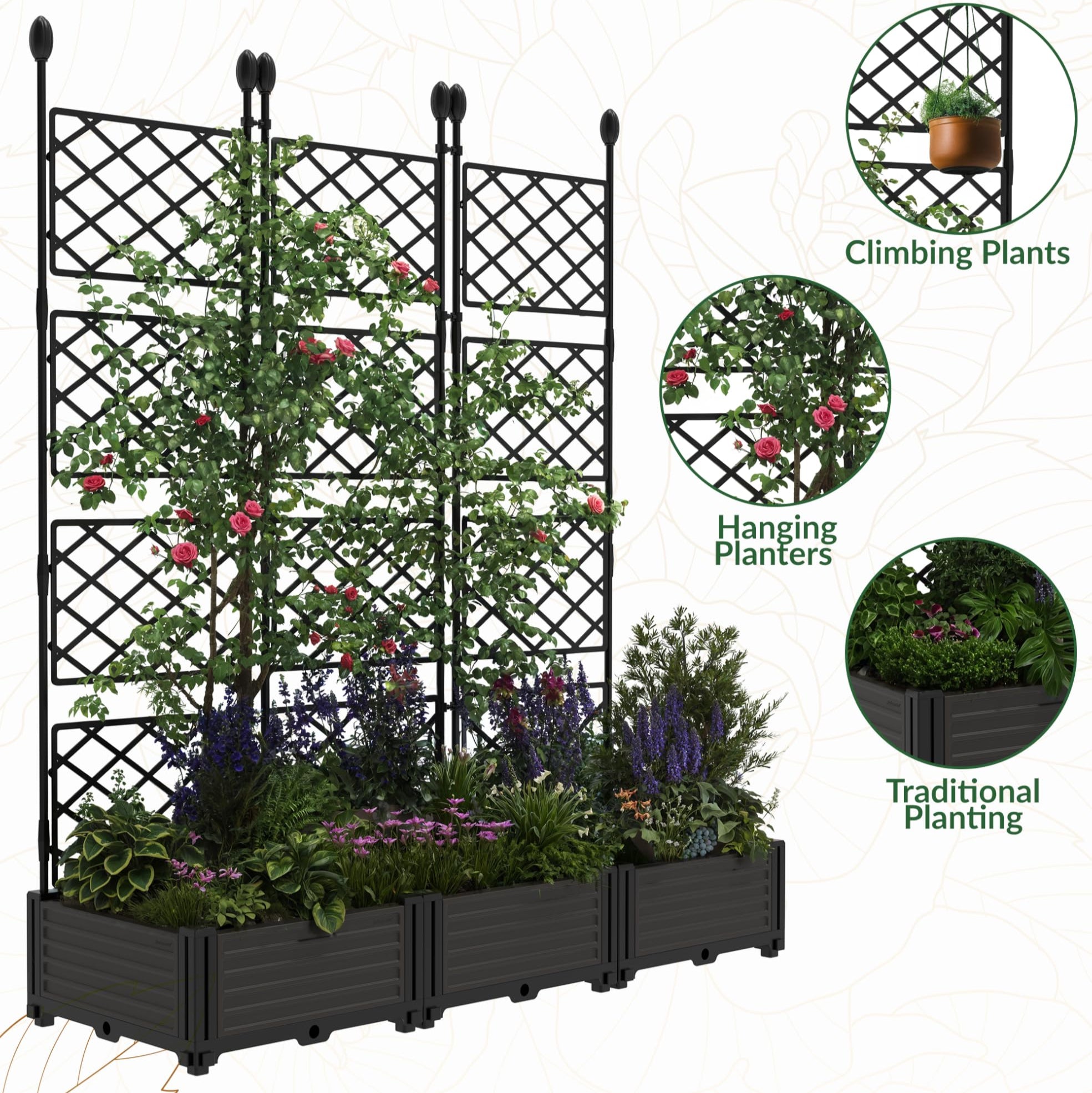 plastic planter and trellis Garvee Planter Box with Trellis 3pcs 16x16in 35x16in Screens for Patio Balcony Gardening