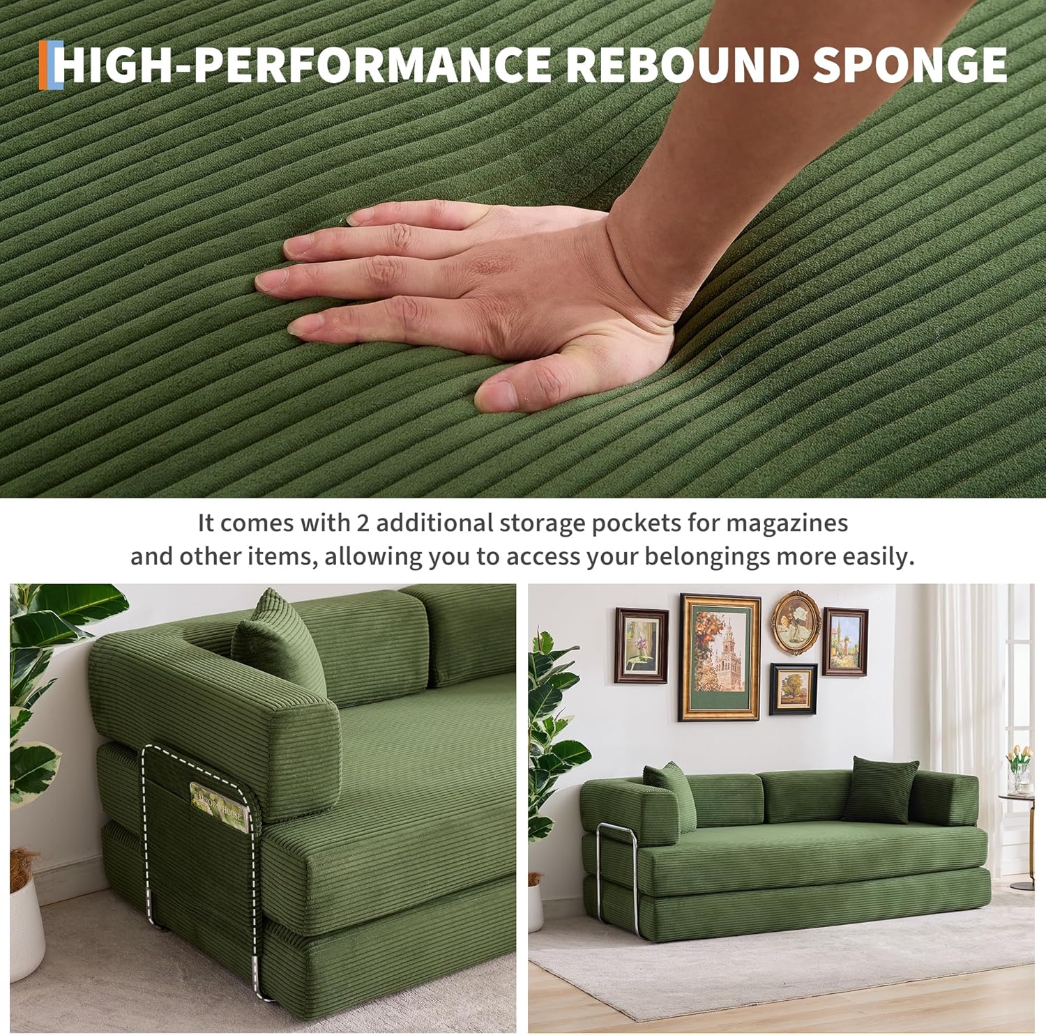 Garvee Convertible Sleeper Sofa Bed, 78.8" Floor Sofa Bed, 5-in-1 Folding Mattress Couch Loveseat with Fixed-Shape Frame, Pillow, Corduroy Fabric for Living Room Bedroom Lounge, Green