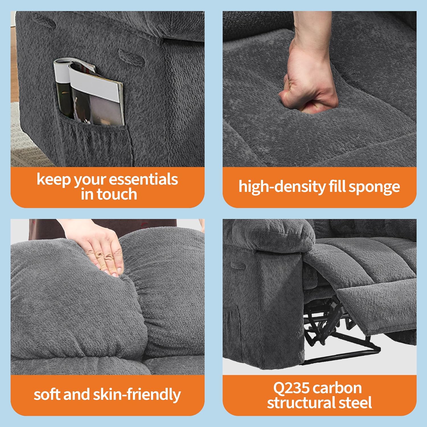 Garvee Manual Recliner Chair for Living Room, Overstuffed Fabric Reclining Sofa with Side Pockets, Ergonomic Upholstered Lazy Chair with Q235 Steel Frame for Adults (Grey)