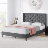 Garvee Full Size Upholstered Bed Frame with Wingback, Diamond Tufted Headboard, Wooden Slats, Easy Assembly, Noise-Free, Dark Gray - Grey