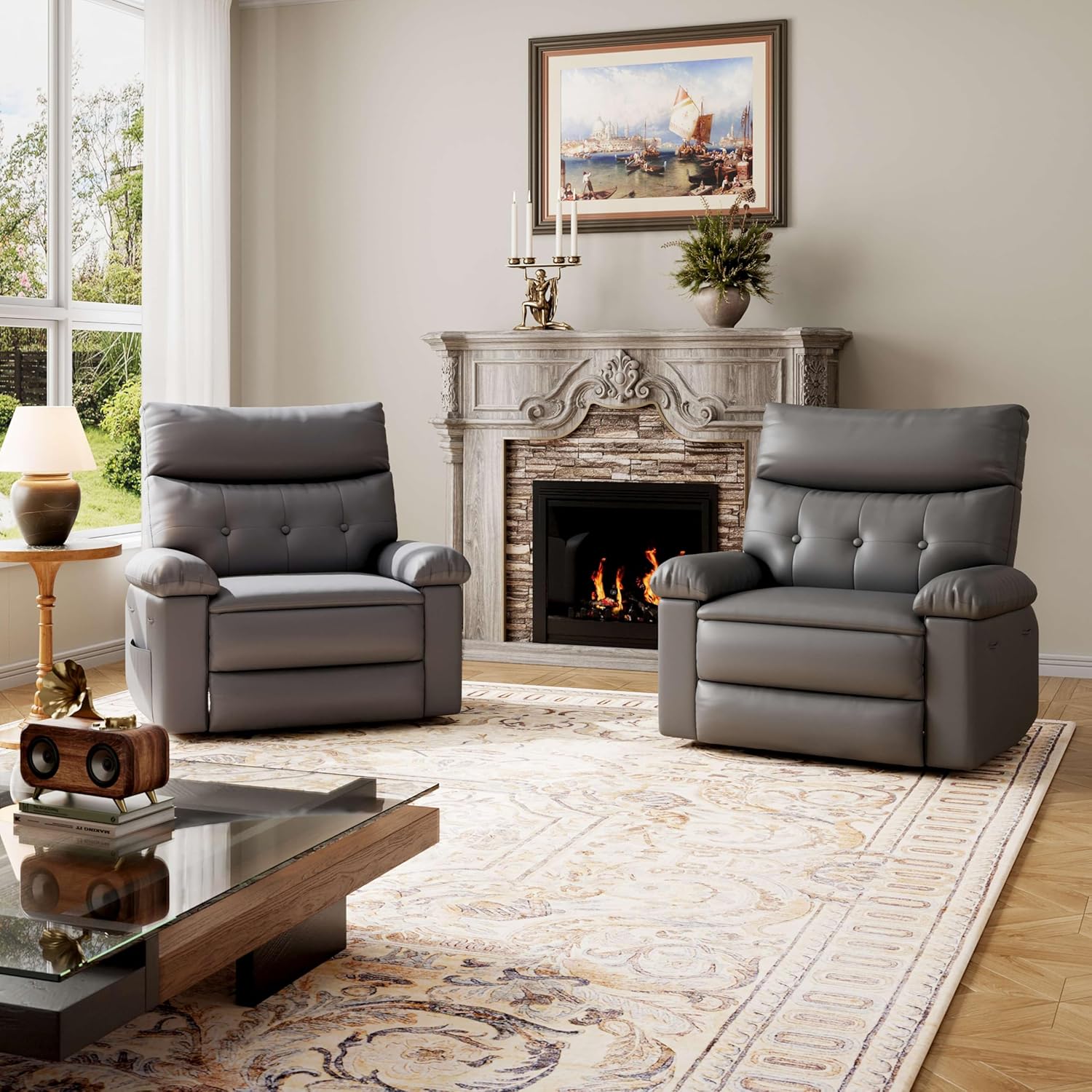 Garvee Oversized Wide Massage Recliner Chair, PU Leather Large Manual Recliner for Adults, Ultimate Comfort Lazy Boy with 1.5X Sponge Filling and Easy Recline Mechanism for Relaxation, Grey