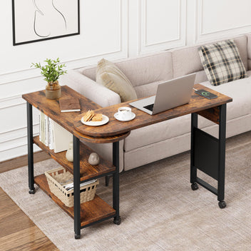 Industrial-style swivel sofa table with USB ports, outlets, and lockable wheels