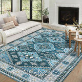Garvee Washable Area Rugs 4x6 Rug for Living Room Non Slip Bedroom Rug Vintage Tribal Rug Entryway Rug Blue Rug Chenille Low Pile Thin Carpet Stain Resistant Throw Rugs for Dining Room Blue 4'x6' - Blue