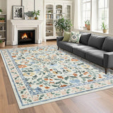 Garvee Floral 10x13 Green Large Washable Area Rug for Living Room, Non-Slip Non-Shedding Soft Vintage Rug, Low Pile Farmhouse Floral Carpet, Non-Shedding Foldable Printed Rug for Bedroom - Green