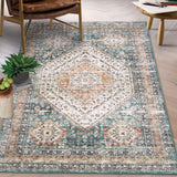 Garvee 4x6 Area Rug Vintage Rug Soft Thin Bedroom Carpet Distressed Non Slip Kitchen Mat Traditional Non Shedding Throw Rug Machine Washable Floral Print Rug Floor Cover for Living Room, Green - Green