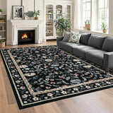 Garvee Floral 10x13 Black Large Washable Area Rug for Living Room, Non-Slip Non-Shedding Soft Vintage Rug, Low Pile Farmhouse Floral Carpet, Non-Shedding Foldable Printed Rug for Bedroom - Black