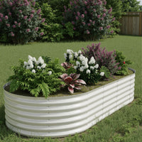 Beige metal planter with open bottom, oval design, ideal for vegetables, flowers, and herbs.