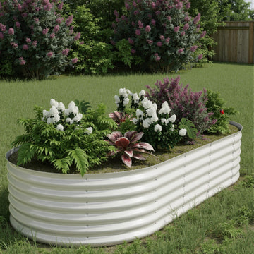Beige metal planter with open bottom, oval design, ideal for vegetables, flowers, and herbs.