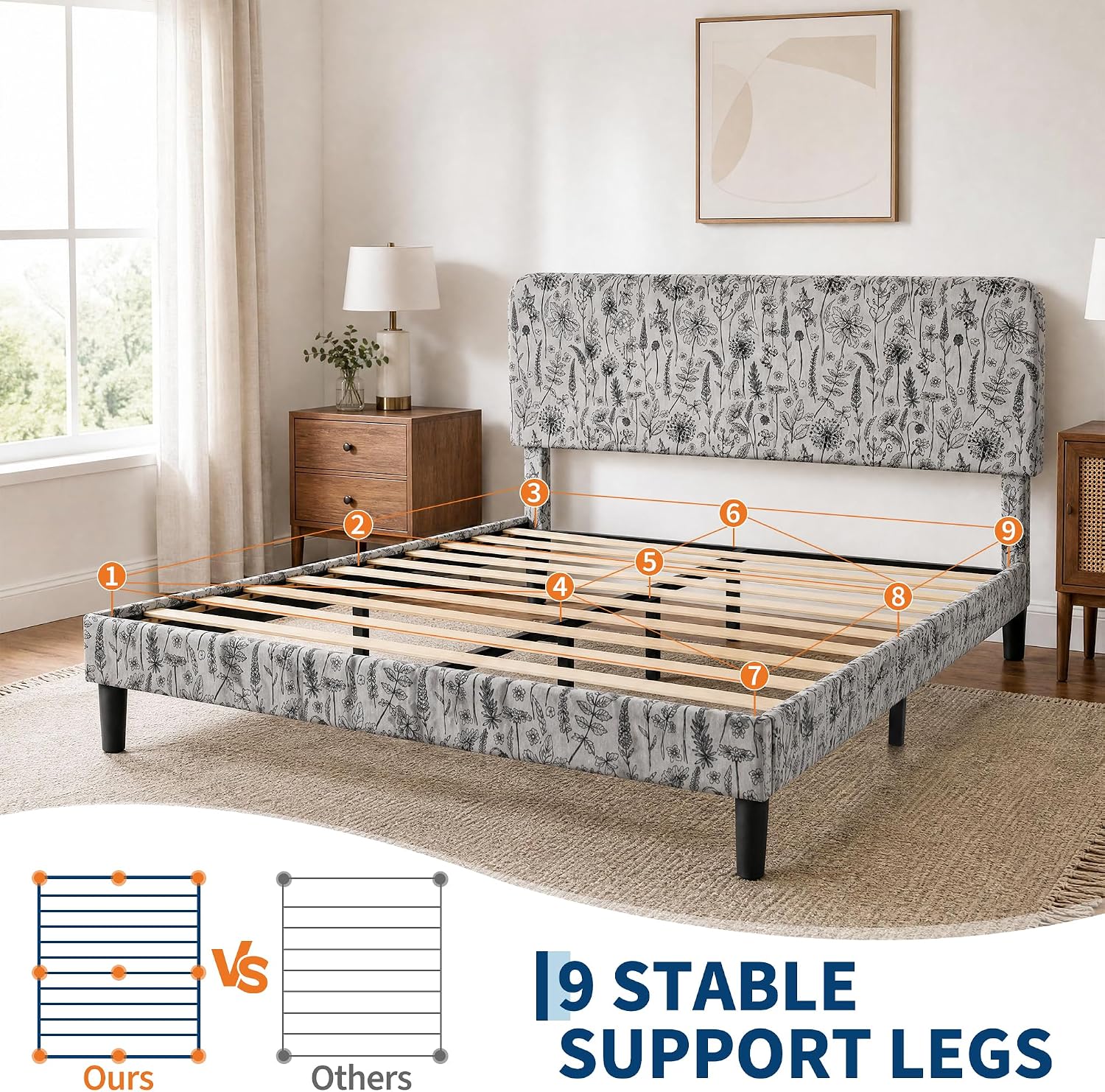 Garvee Botanical Print Upholstered Platform Queen Szie Bed Frame with Adjustable Headboard - Wood Slat Support, Noise-Free, No Box Spring Needed, Easy Assembly