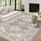 Garvee Washable Area Rugs 4x6 Rug Vintage Living Room Rugs Non Slip Bedroom Rug Oriental Boho Rug Chenille Low Pile Thin Carpet Stain Resistant Non Shedding Throw Rugs for Dining Room Taupe 4'x6' - Tan & Ivory