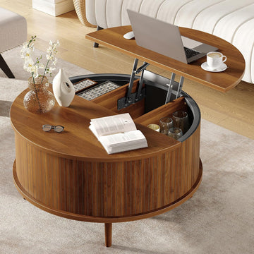 Garvee 31.5 in Round Lift Top Coffee Table with Storage, Fluted Drum Wood Center Table with Hidden Cabinets/Compartments, Modern Farmhouse/Mid-Century for Living Room & Small Spaces - Color: Walnut