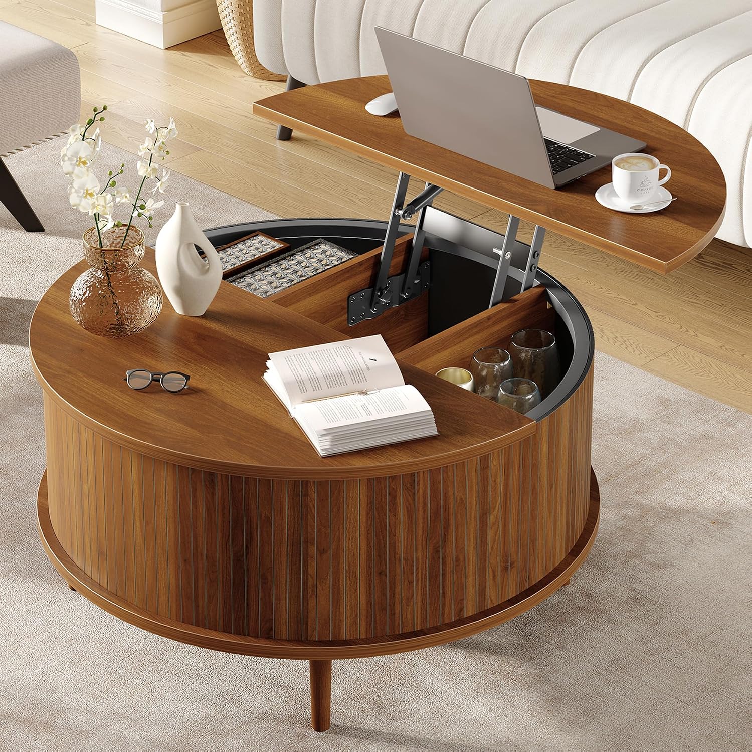Garvee 31.5 in Round Lift Top Coffee Table with Storage, Fluted Drum Wood Center Table with Hidden Cabinets/Compartments, Modern Farmhouse/Mid-Century for Living Room & Small Spaces - Color: Walnut